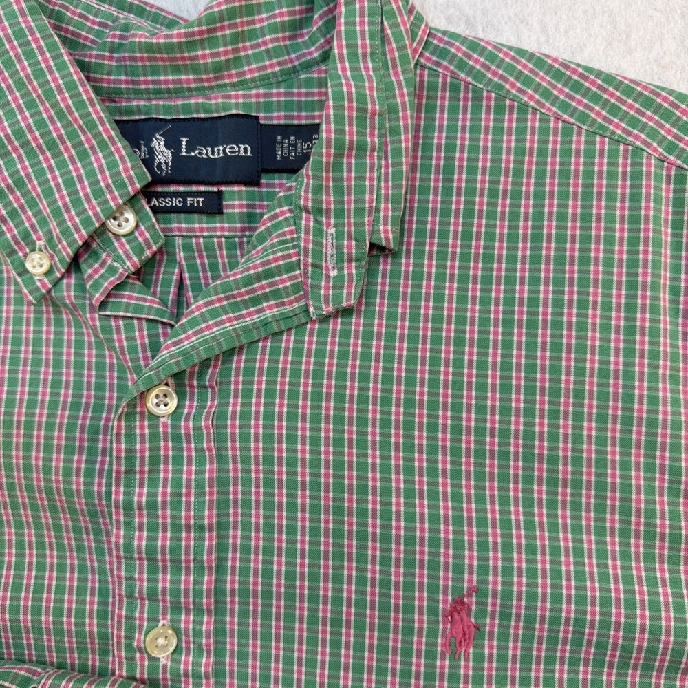 Polo Ralph Lauren Men Green Pink White Check Classic Fit LS Shirt Size 15 32/33